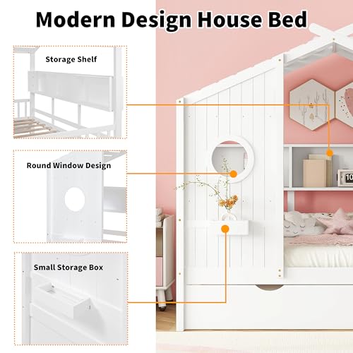 Linique Wooden Twin Size House Bed with Trundle and Storage Shelf,Modern Design Twin Platform Bed Frame with Pitched Roof,White