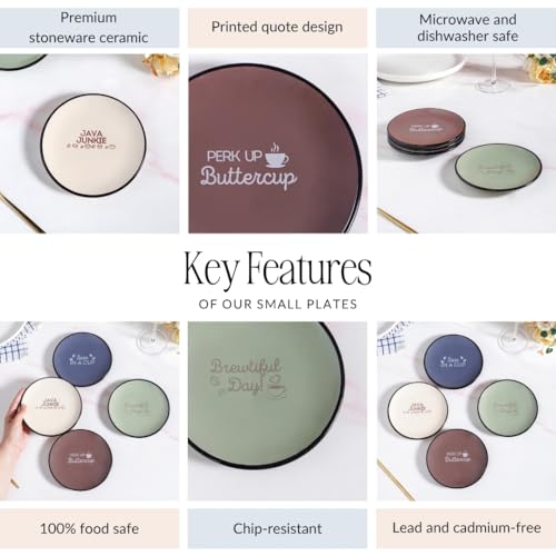 Image of Nestasia Ceramic Round Snack Plate Set of 4 (15cm Each) - Inspiring Quotes Embossed Small Plates for Serving Snacks & Desserts | Microwave & Dishwasher Safe (Beige, Grey, Brown & Sage Green)