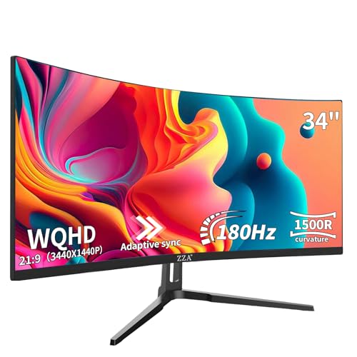 ZZA 34 Inch Curved Monitor/WQHD 180Hz Ultrawide Monitor-Immersive Gaming Experience,1500R