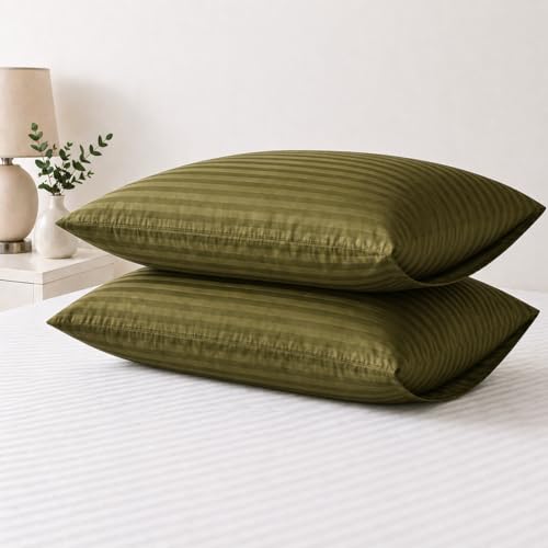 Sleep Well Pillowcase Set of 2 Soft Microfiber 90 GSM | Cooling Wrinkle-Free & Easy Care | 15 cm Deep Envelope Closure | Stripe Design | 53x75 cm Standard Pillow Covers (Olive)