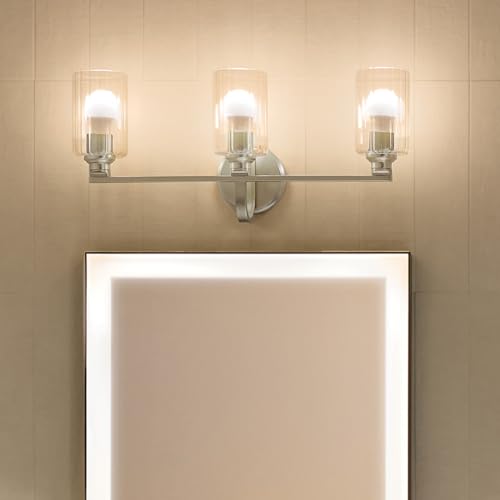 Image of Kichler Gioe 24.25 in 3-Light Bathroom Vanity Light Fixture with Clear Fluted Glass in Brushed Nickel, Modern Wall Mount Over Mirror for Powder Room, Damp Rated (24.25 in W x 10.5 in H), 55226NIFLU