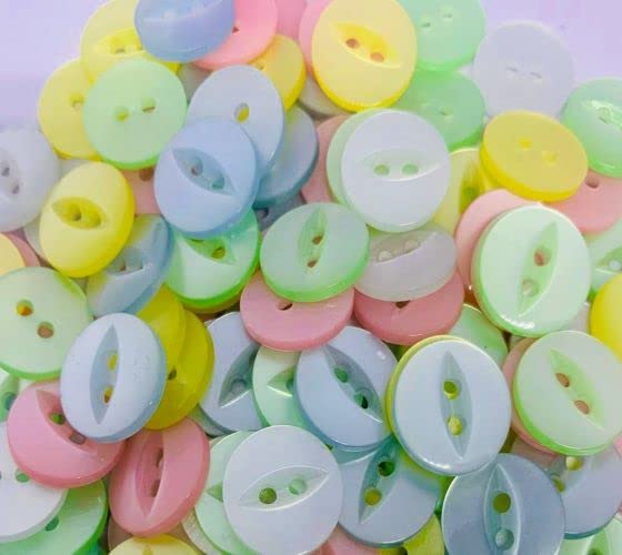 Simply Sew Crafty™ - Pack of 100 New Assorted Fish Eye Baby Buttons Polyester Pink Blue Yellow Mint White (Assorted, 11 mm)