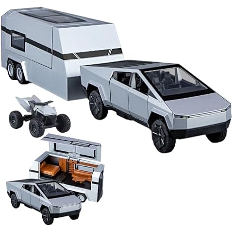 1/32 Diecast Pickup Trailer RV Model Toy Truck with Beach Motorcycle, Alloy Metal Pickup Truck Model Diecast Vehicles with Sound Light Pull Back, Birthday Gifts for Boys Adults (Silver) Cover