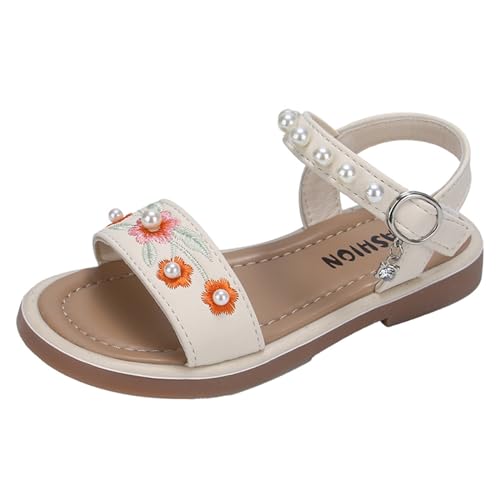 Girls Dress Sandals Kids Floral Embroidered Open Toe School Casual Pearls Ankle Strap Flat Sandal Flower Girl Shoes