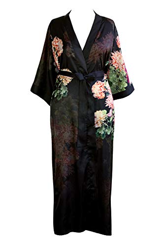 KIM+ONO Women s Plus Size Charmeuse Kimono Robe Long - Watercolor Floral - Coral Chrysanthemum - Black