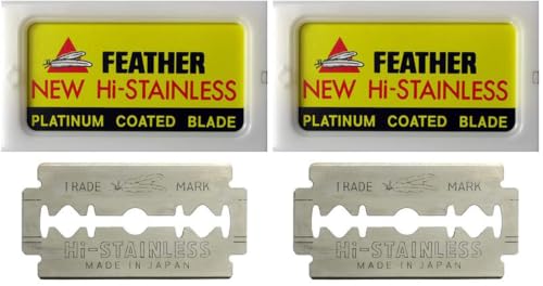 Feather Double Edge Safety Razor Blades - (50 Count) - Platinum Coated Hi-Stainless Steel Razor Blades - Fits Most Safety Razors - Super Sharp for Close Shaves - Made in Japan (Pack of 2)