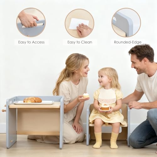 Image of Montessori Weaning Table and Chair Set, Adjustable Toddler Table, Grey | Adjustable Wooden Design for Meals, Learning, Play, and Everyday Routines