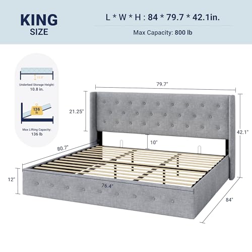 Image of Allewie King Size Lift Up Storage Bed, Button Tufted Headboard with Wingback, Hydraulic Support, No Box Spring Needed, Light Grey