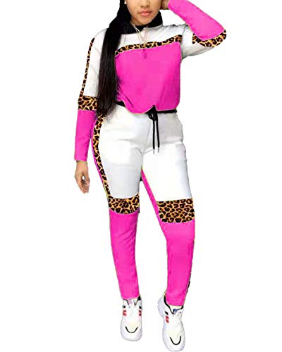 Womens Sweatsuit Two Piece Outfits Patchwork Color Block Pocket Hooded Top Pant Set Jogger Tracksuit Leopard Rose XXL