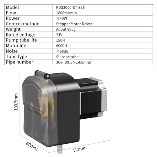 JWBSTUIW 3.2L/min KDS3000 Peristaltic Pump 24V Stepper Self-Priming Pump 300RPM High Flow Transfer Pump Silicone 2.5mm Thickness(KDS3000-ST-S36)