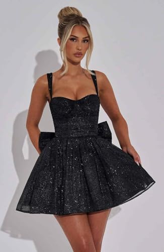 SOLODISH Sparkly Tulle Homecoming Dresses Short Sweetheart Cocktail Prom Dresses with Bow3
