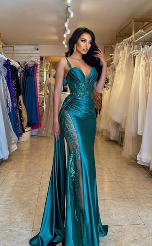 Spaghetti Strap Satin Prom Dresses Long V Neck Mermaid Evening Gown Corset Applique Formal Dress with Train3