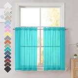 OVZME Turquoise Sheer Curtains 36 inches Long, Short Kitchen Window Treatment Solid Sheers Cafe Curtains Bathroom Voile Half Window Curtains 2 Panels, Rod Pocket, 42' Wx36 L