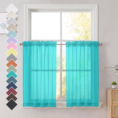 Image of OVZME Turquoise Sheer Curtains 36 inches Long, Short Kitchen Window Treatment Solid Sheers Cafe Curtains Bathroom Voile Half Window Curtains 2 Panels, Rod Pocket, 42 inch Wx36 L