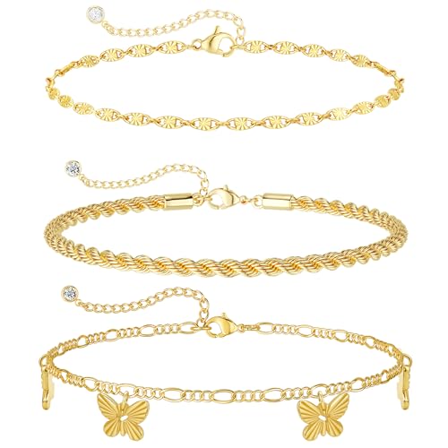 Image of Rotnso Anklets for Women 14K Gold Silver Plated Ankle Bracelets Trendy Waterproof Boho Anklets Set Adjustable Dainty Cute Diamond Beaded Heart Non Tarnish Summer Beach Jewelry Gift