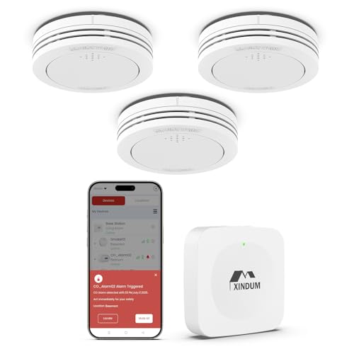 Détecteur de fumée connecté avec Station de Base, Alarme Incendie 10 Ans, Conforme à la Norme EN14604, avec Batterie remplaçable, Compatible avec l'application XINDUM, 3 unités