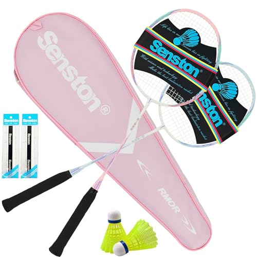 Senston Badminton Rackets Set of 2, Graphite Shaft Badminton Racquets Including Bag, 2 Shuttlecock, 2 Racquet Grip Pink/Blue
