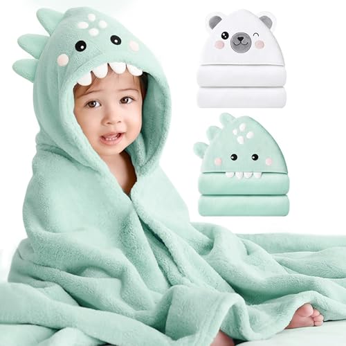 Image of Konssy 2-Pack Hooded Baby Towels, 32" × 32" Soft & Absorbent Plush Fleece, Cute Animal Hood, Baby Bath Towels for Newborns & Toddlers, Boys & Girls