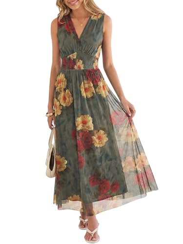 ANRABESS Womens Summer Floral Maxi Dress, A Line Tulle,Elegant for Wedding Guest & Beach Vacation,Flowy Casual Boho Outfits Red Yellow Rose Large