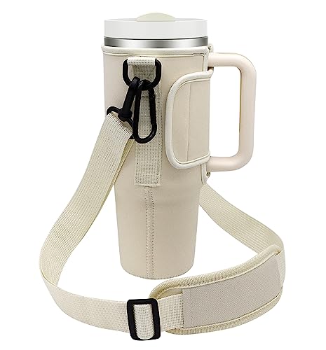 Aiscool Water Bottle Carrier Bag Holder For Stanley Quencher H2.0 Tumbler 40 Oz Cream, Neoprene Water Bottle Sling Bag Sleeve Holder Carrier With Adjustable Shoulder Strap & Straw Covers #TOP18