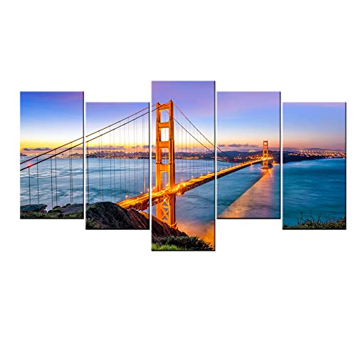Canvbay 5 Piece Cityscape Canvas Wall Art San Francisco Golden Gate Bridge At Sunset Art Painting City Landscape Picture Prints On Canvas Modern Wall Decor For Dining Living Room Ready To Hang #TOP21