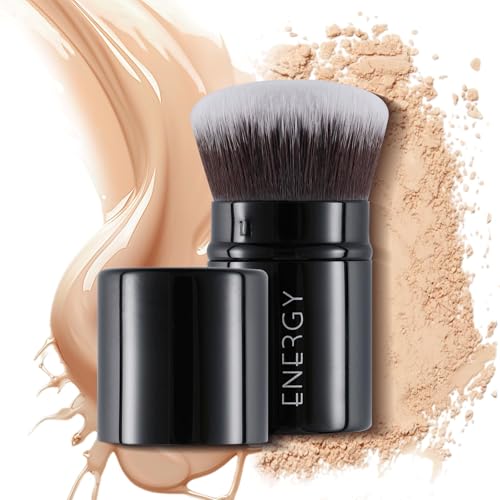 ENERGY Kabuki Brush Retractable - Makeup Kabuki Foundation Brush Travel for Liquid Blush Loose Powder & Cream Bronzer Blending Buffing Cruelty-Free Face Makeup Brushes with Cover Mini (Black)