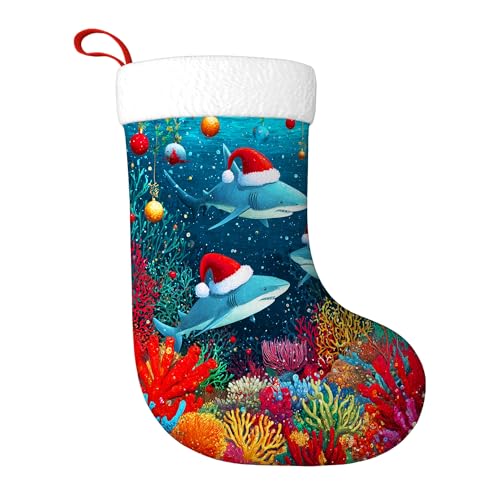 Shark Christmas Stocking, Christmas Underwater Coral Hat Blue Xmas Stocking Gifts for Home Fireplace Bedroom Office Shop Holiday Decor 11x18 Inch