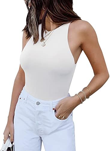 REORIA Womens Sexy Sleeveless High Neck Racer Back Halter Thong Bodysuits Leotard Tank Tops White Medium