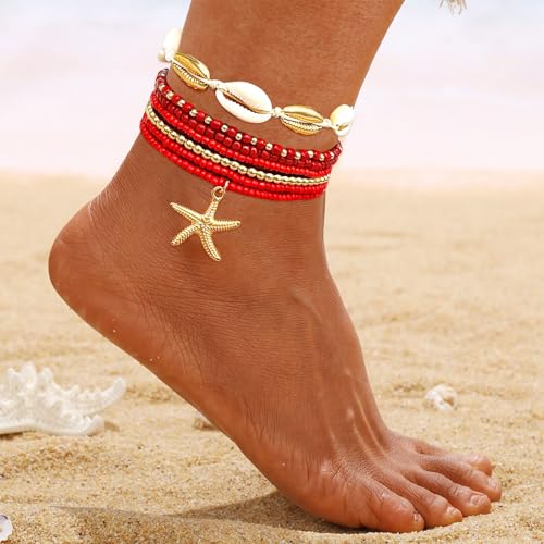 Image of Shell Anklets Bracelet for Women Waterproof Surfer Starfish Bracelet Puka Shell Anklet Colorful Boho Stack Stretch Bead Bracelet Set Hawaii Summer Beach Vacation Foot Jewelry