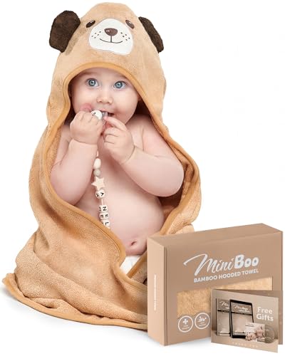 Image of MINIBOO Hooded Baby Towels for Newborn & Toddler - Super Soft Baby Bath Towels with Hood, Highly Absorbent Viscose Made from Bamboo Hooded Towel for Boys, Girls, Newborn Essentials