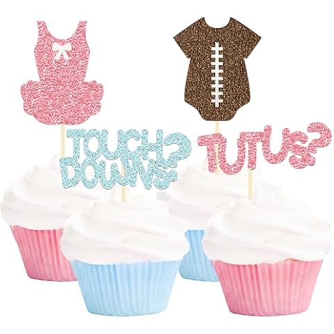 24 Pack Glitter Football Gender Reveal Tutus or Touchdowns Cupcake Toppers Picks Boy or Girl Rugby Birthday Cake Toppers for Gender Reveal Baby Shower Birthday Party Decorations (Tutus or Touchdowns) Cover