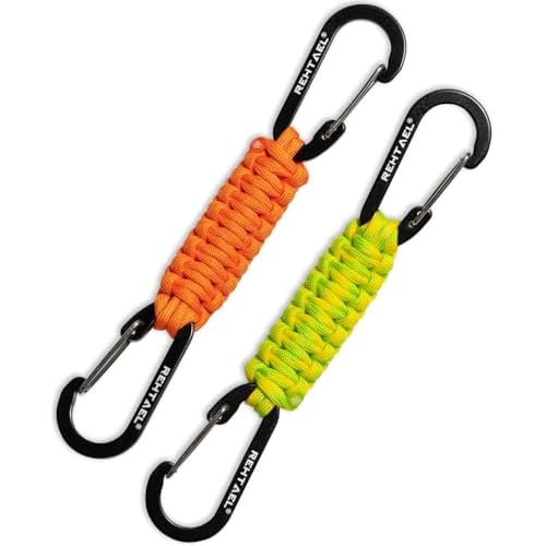 Paracord Braided Carabiner Keychain Lanyard Strap, Hanger Stroller Hook w/2 Carabiner Clips for Water Bottle Backpack 2pcs, Orange & Yellow-green Camo