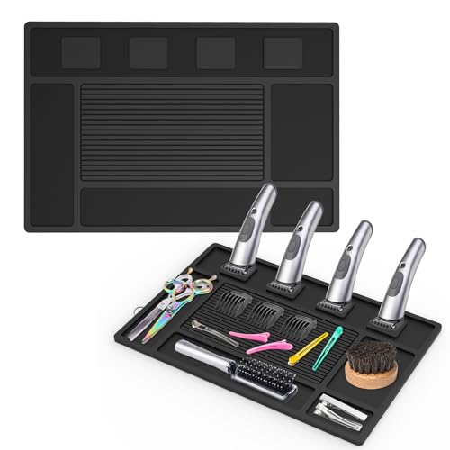 Magnetic Barber Mat for Clippers Station Barber Tool Organizer Mat Rubber for Scissors Salon Barber shop Beauty Tools with 4 Slots Flexible Silicone Barber Pad Non-Slip Professional Barber Accessories