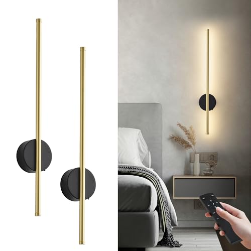 Image of Battery Operated Modern Wall Sconce Set of Two,Rechargeable Wireless Wall Lights with Remote Control,Dimmable,3 CCT,Cordless Lighting Fixtures for Bedroom,Living Room,Hallway,23.6 Inch,Black Gold