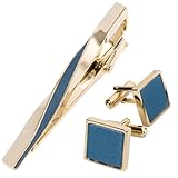 [タバラット] ネクタイピン カフス セット メンズ ツイスト 本革 真鍮 日本製 ひねり ブルー(ライトゴールド)