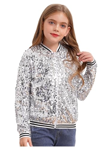 Kids Girls Sequin Bomber Jacket Sparkle Long Sleeve Zipper Baseball Jackets for Hip Hop Modern Jazz4