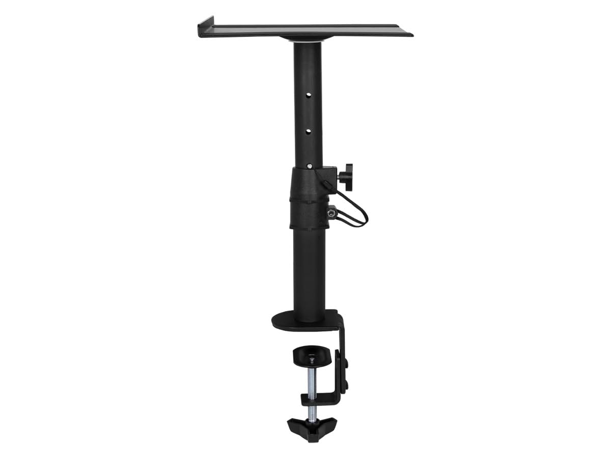 Monoprice Universal Clamp-On Desktop Speaker Mounts Pair Height-Adjustable 9 x 9 inch Tray, Fits Most Bookshelf Studio Monitor Speakers