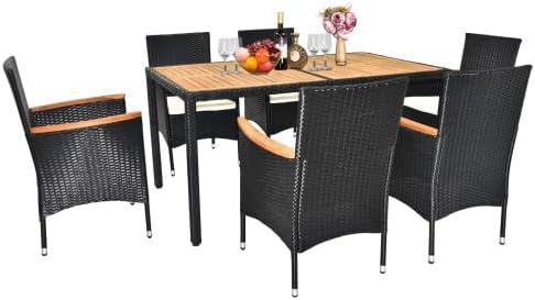 Outvita 7 Pieces Patio Dining Set, Outdoor Patio Furniture Set with Acacia Wood Table and Rattan Chairs, Outdoor Furniture with Soft Seat Cushions for Garden, Backyard, Poolside