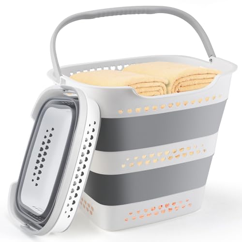 Collapsible Laundry Basket Foldable Pop-Up Laundry Hamper with Comfort Handles Portable Plastic Laundry Storage Basket Organizer Space Saving Dirty Clothes Hamper Container for Home, Dorm (Grey)