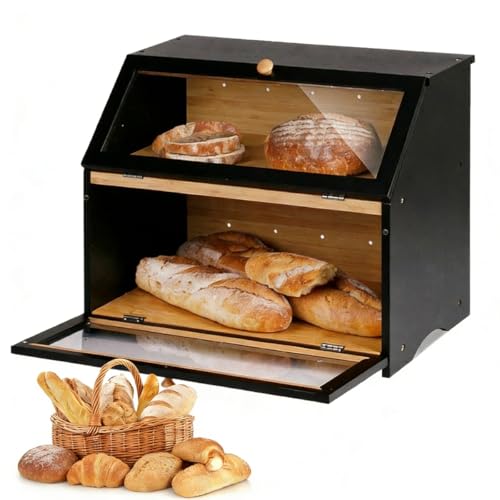 Double Layer Bamboo Bread Box for Kitchen Countertop Large Capacity Bread Storage Bin Bread Container Vintage Farmhouse Food Organizer with Magnetic Door for Corner Cabinet Cupboard Pantry Black