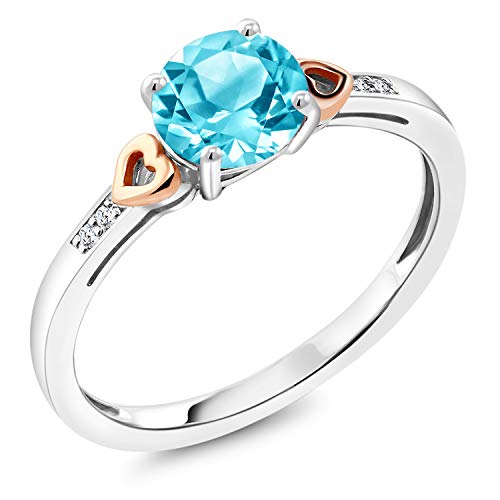 Gem Stone King 925 Sterling Silver and 10K Rose Gold Round Swiss Blue Topaz with Diamond Accent Engagement Ring For Women (1.41 Cttw, Gemstone Birthstone, Available In Size 5, 6, 7, 8, 9)