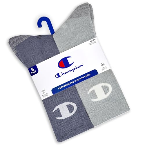 Image of Champion Men's Cushioned Crew Socks 5-Pack - Moisture-Wicking Athletic Crew Socks with Arch Support (Sizes 6-12)