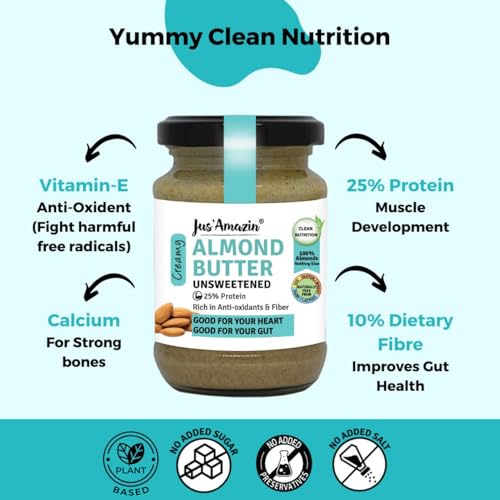 Image of Jus' Amazin Creamy Almond Butter - Unsweetened (125 g) | 25% Protein | Only Pure Whole Almonds | Zero Additives /Chemicals |Plant Based, Dairy Free, Keto | Clean Nutrition, 0% Chemicals