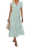 BTFBM Women Summer Bohemian Floral Casual Wrap V Neck Ruffle Cap Sleeveless Belt A-Line Pleated Hem Swing Midi Sun Dress (Light Green, Small)
