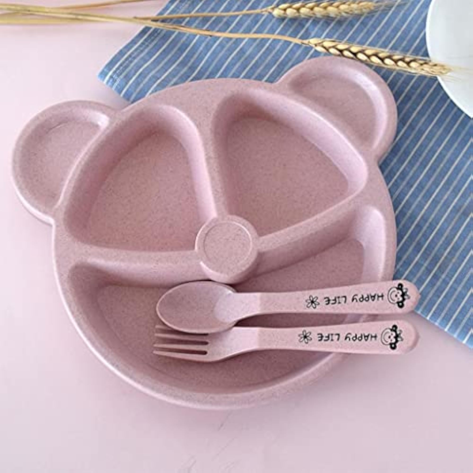 Divided Plates Set, 3-Compartment for Kids, Pink
