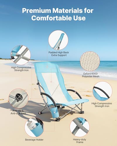 VEVOR Folding Beach Chair, High Back Camping Chairs for Adults, with Cup Pocket, Mesh Back, Carry Bag, Portable Extra Wide Seat Chair 330 lbs Heavy Duty Support, for Outdoor, Camp, Light Blue, 2 Pack - Image 5