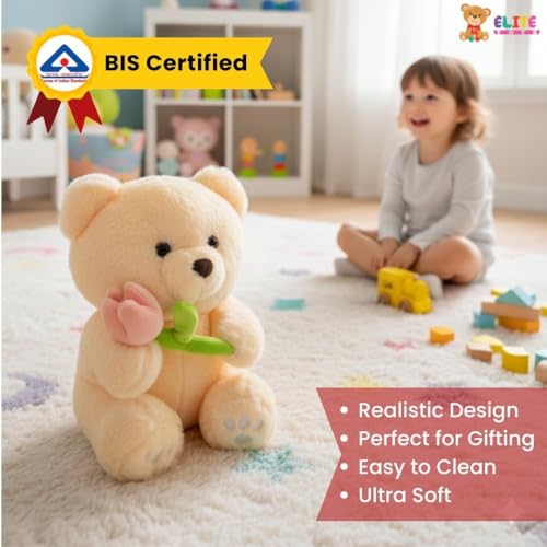 Image of 30 CM Soft Teddy Bear Plush Toy with Flower | Cute Stuffed Beige Bear for Kids | Cuddly Gift Soft Toy for Girls & Boys | Perfect Birthday & Valentine Gift Teddy