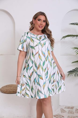 Image of 3X Plus Size Summer Dresses for Women Casual Floral Print T Shirt Dress with Pockets Above Knee Knegth White
