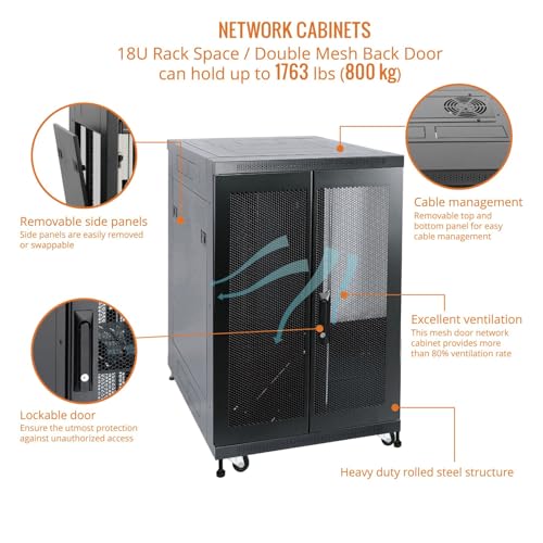 Image of Tecmojo Fully Assembled 18U Network Cabinet AV Rack Enclosure with Casters /Locking Doors with Dual Fan, PDU and Cantilever Shelf (31.5inch DEEP Mesh Door)
