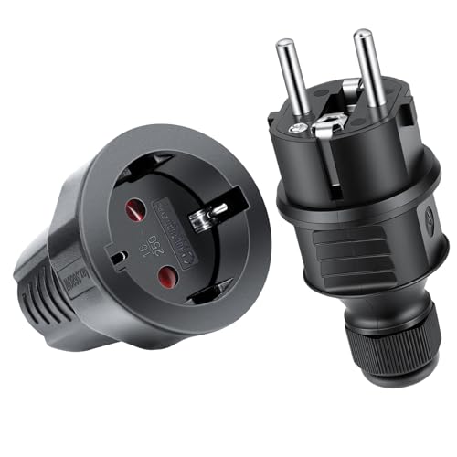 AXFEE Lot de 2 prises Schuko 250 V 16 A, 1 fiche + 1 prise, prise Schuko volant en caoutchouc, IP44, avec protection anti-pli, fiche externe mâle et femelle,...